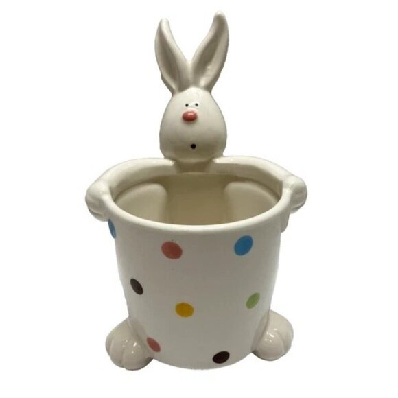 Bunny Rabbit Candy Dish Lillian Vernon White Multicolor Polka Dot Serving Bowl - Picture 1 of 11
